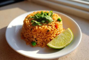 A perfectly molded serving of vibrant orange Spanish rice, topped with cilantro and served with a lime wedge.