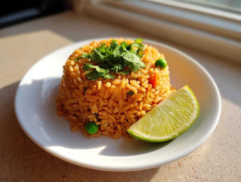 A perfectly molded serving of vibrant orange Spanish rice, topped with cilantro and served with a lime wedge.