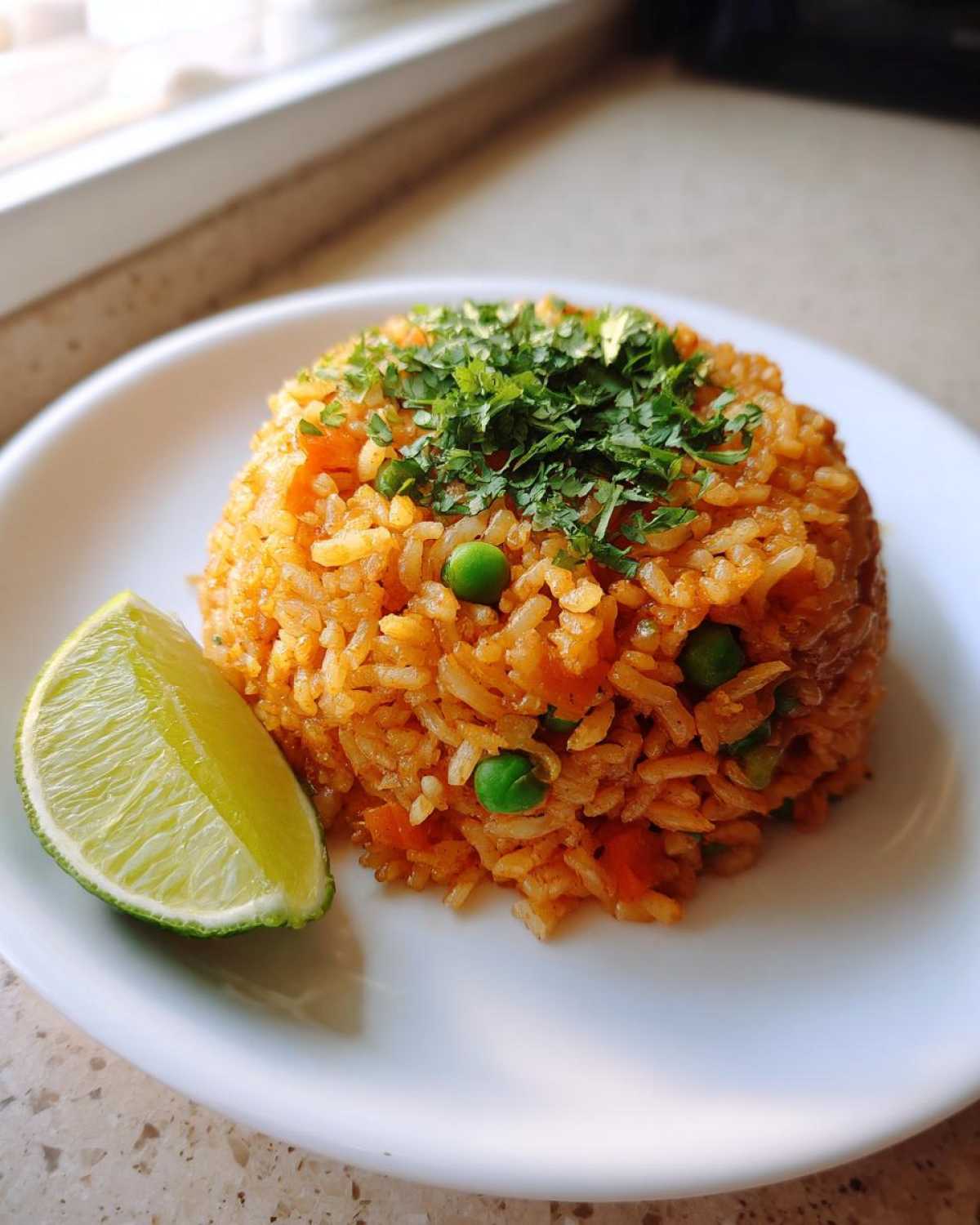 A mound of vibrant orange Spanish rice mixed with peas, topped with fresh cilantro, served with a lime wedge.