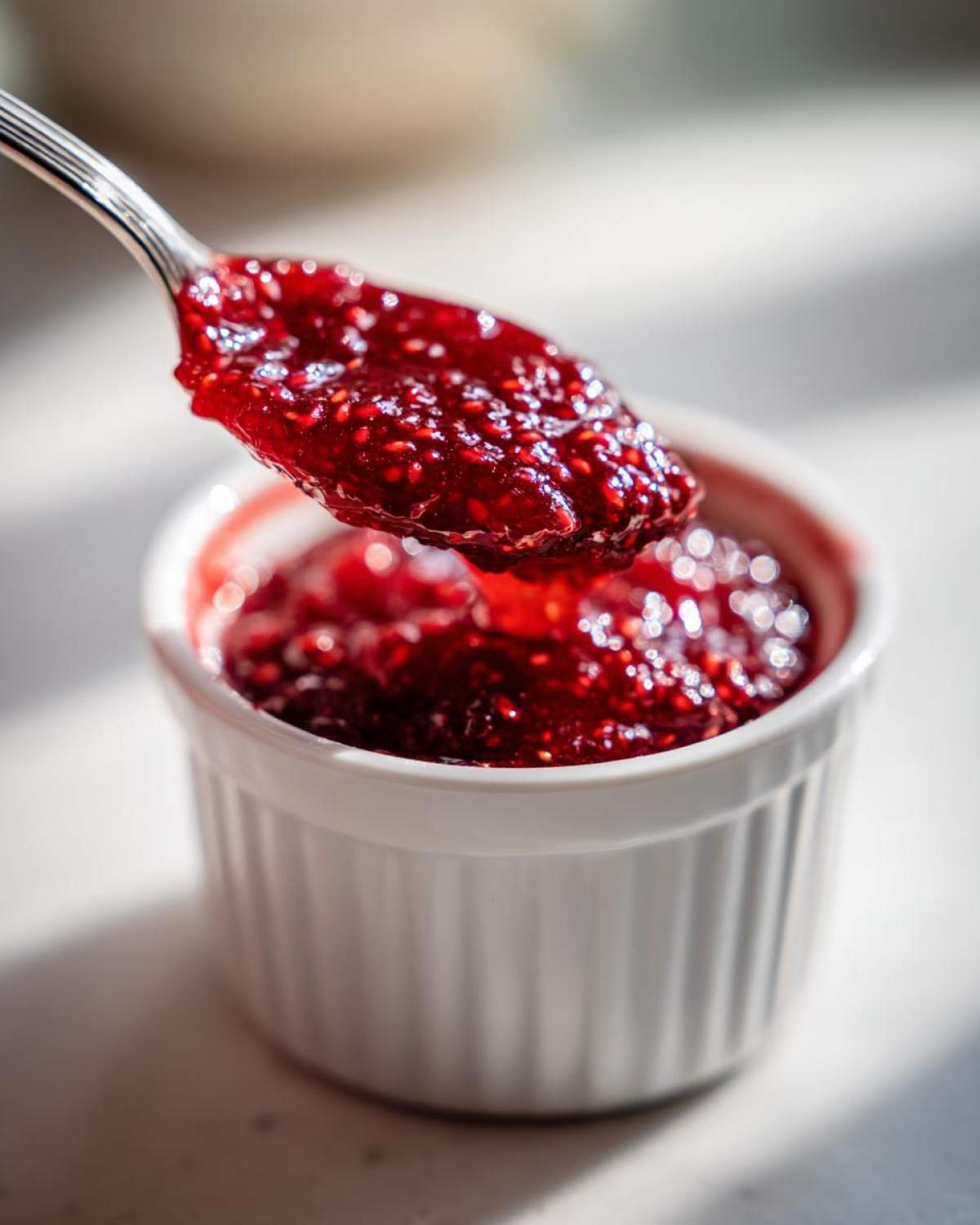 Close-up of a spoonful of glistening, homemade raspberry jam being lifted from a small white ramekin.