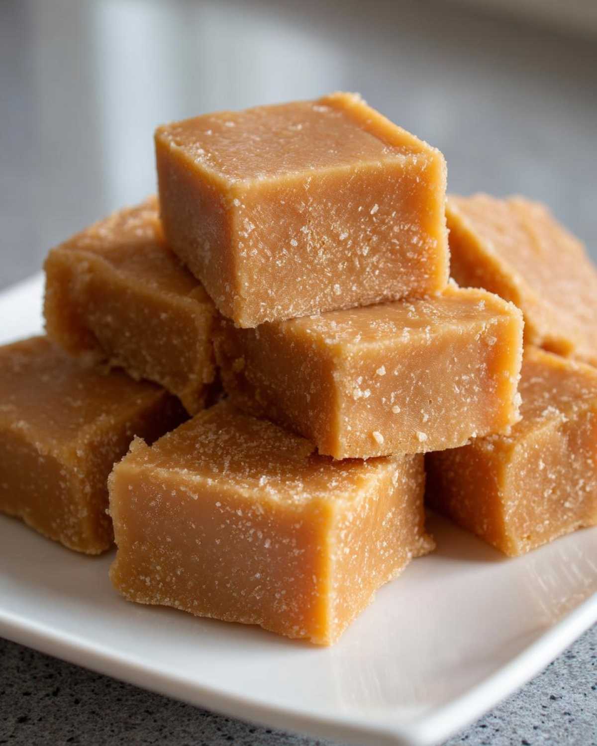 Close-up of stacked, light brown squares of rich penuche fudge sprinkled with sugar crystals.
