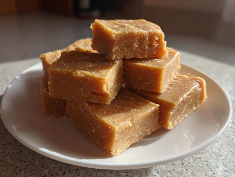 A stack of rich, square pieces of homemade penuche fudge sitting on a white plate bathed in sunlight.