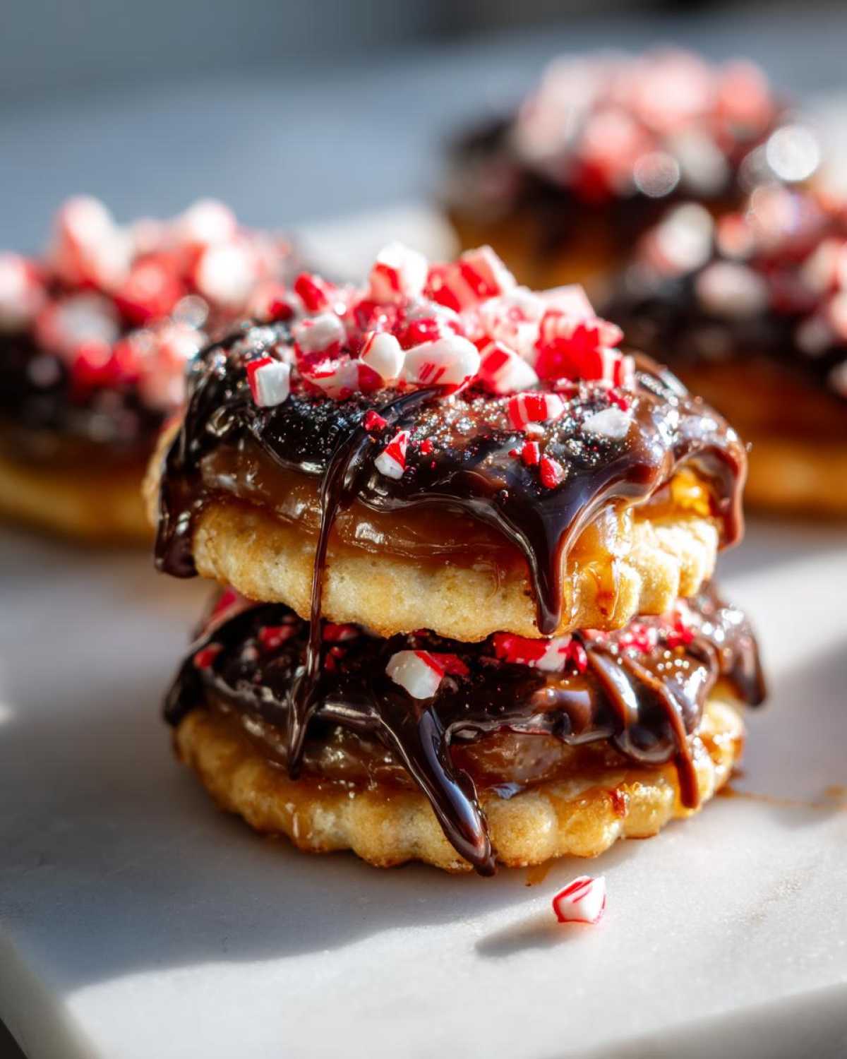 Two stacked caramel ritz cracker christmas cookies drizzled with chocolate and topped with crushed peppermint candy.
