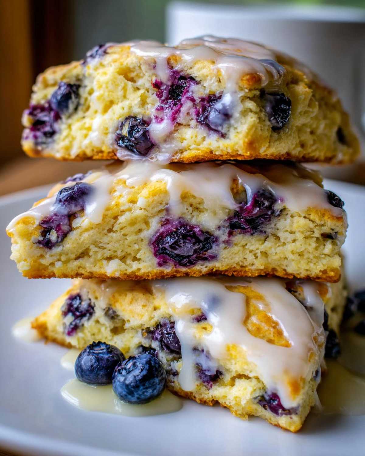 Close-up of three lemon blueberry scones drizzled with a thick, white lemon glaze and fresh blueberries.