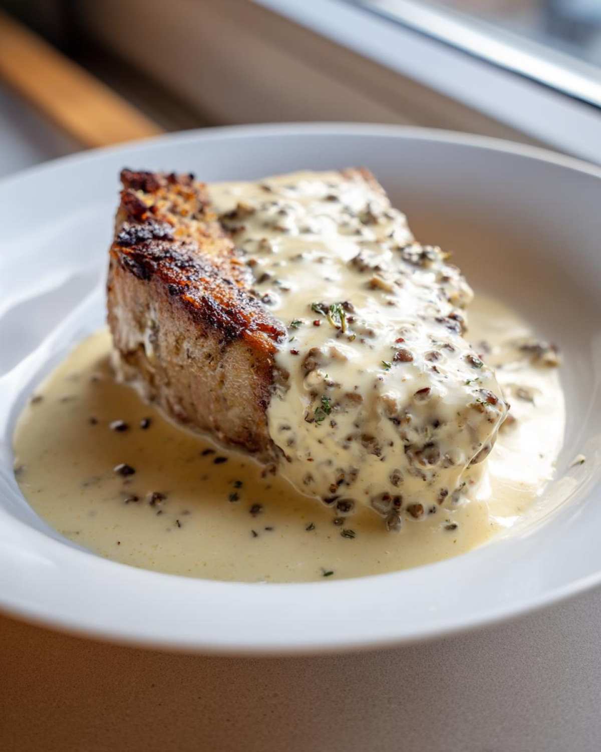 A thick cut of seared meat generously covered in rich, creamy peppercorn sauce.