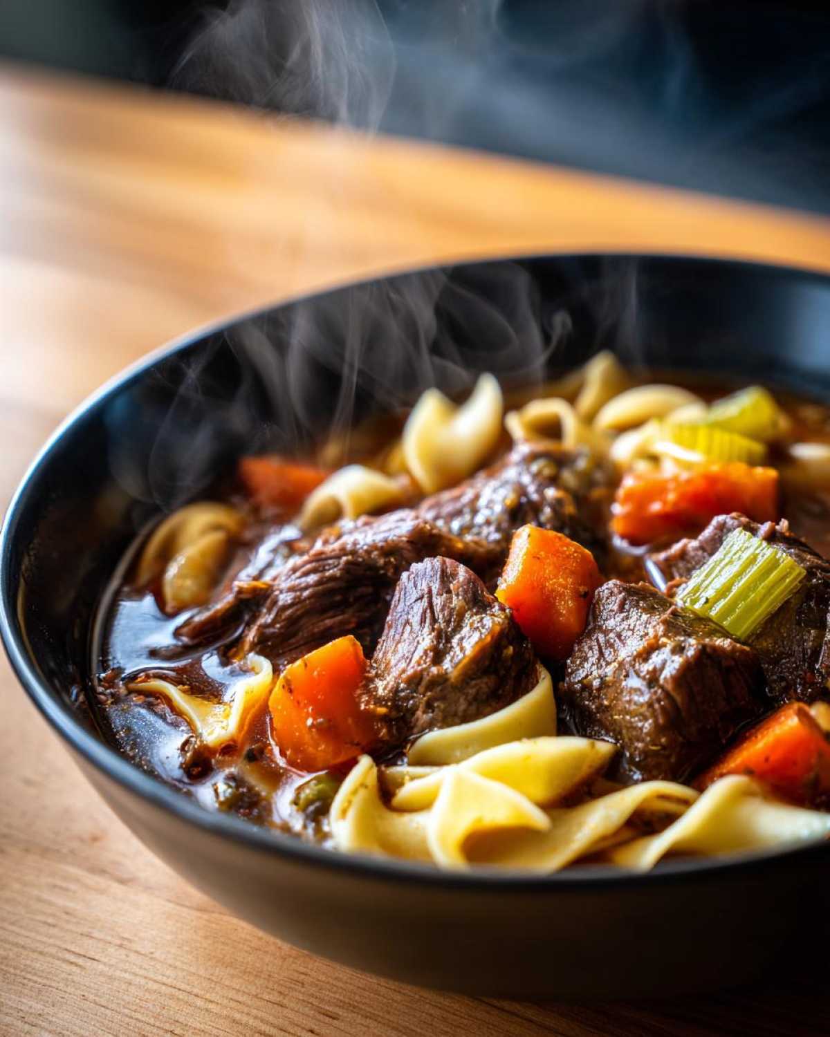 Close-up of a steaming black bowl filled with amazing beef noodle soup featuring tender beef chunks, carrots, celery, and egg noodles.