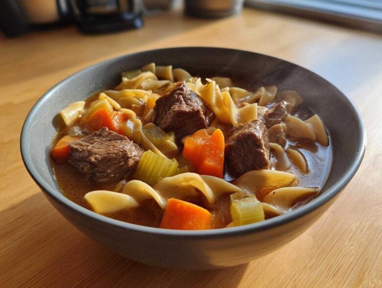 Close-up of a steaming bowl of rich beef noodle soup featuring tender beef chunks, egg noodles, carrots, and celery.