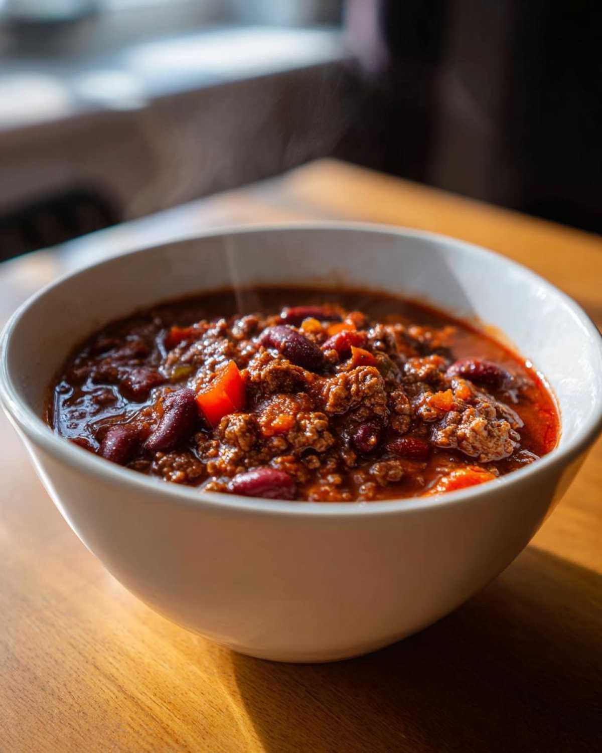 Close-up of a steaming white bowl filled with rich, hearty chili featuring ground meat and kidney beans.