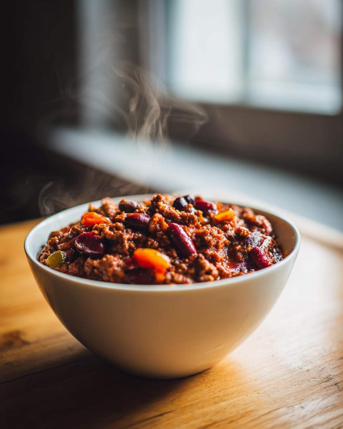 A close-up of a steaming white bowl filled with rich, dark red chili containing ground meat and kidney beans.