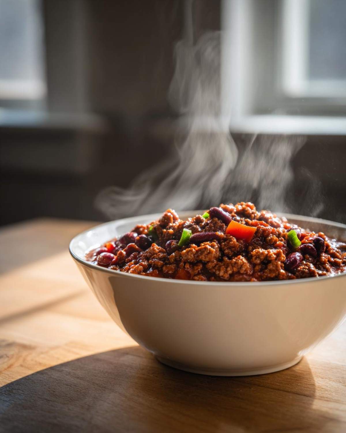 A steaming white bowl filled with rich, hearty chili featuring ground meat, kidney beans, and visible chunks of peppers, highlighting the amazing chili flavor.