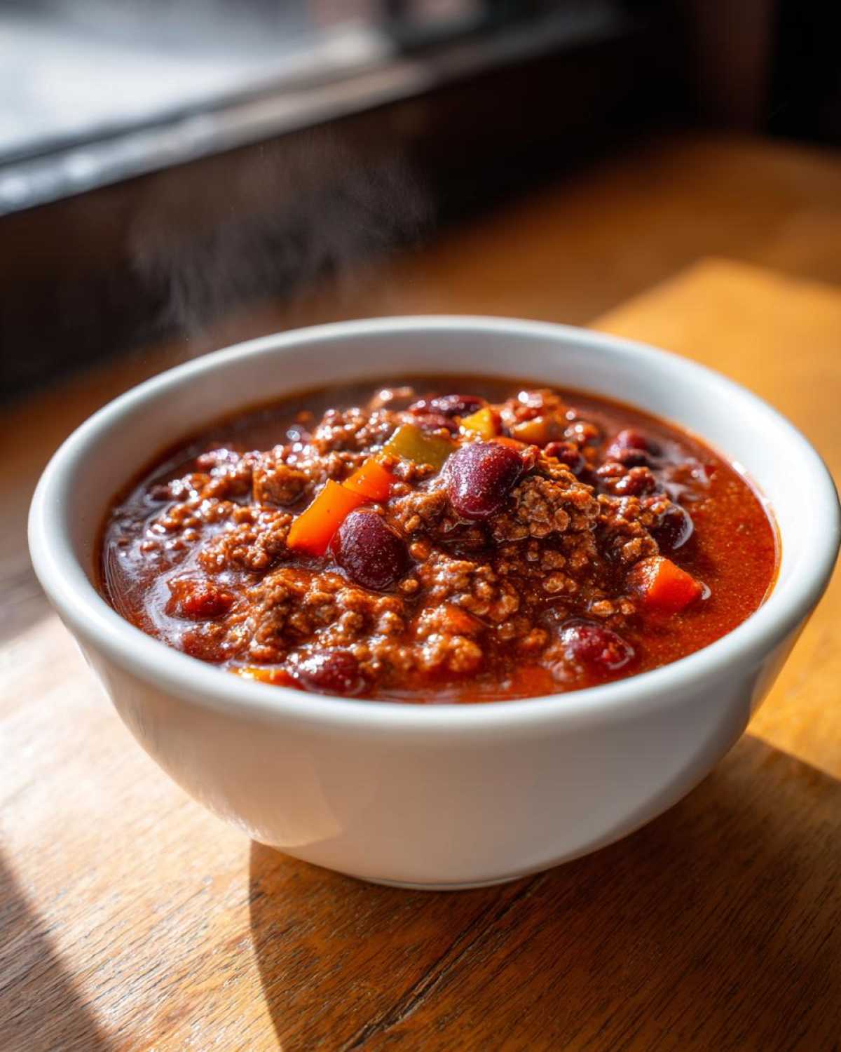 Close-up of a steaming white bowl filled with rich, dark red chili featuring ground meat and kidney beans.