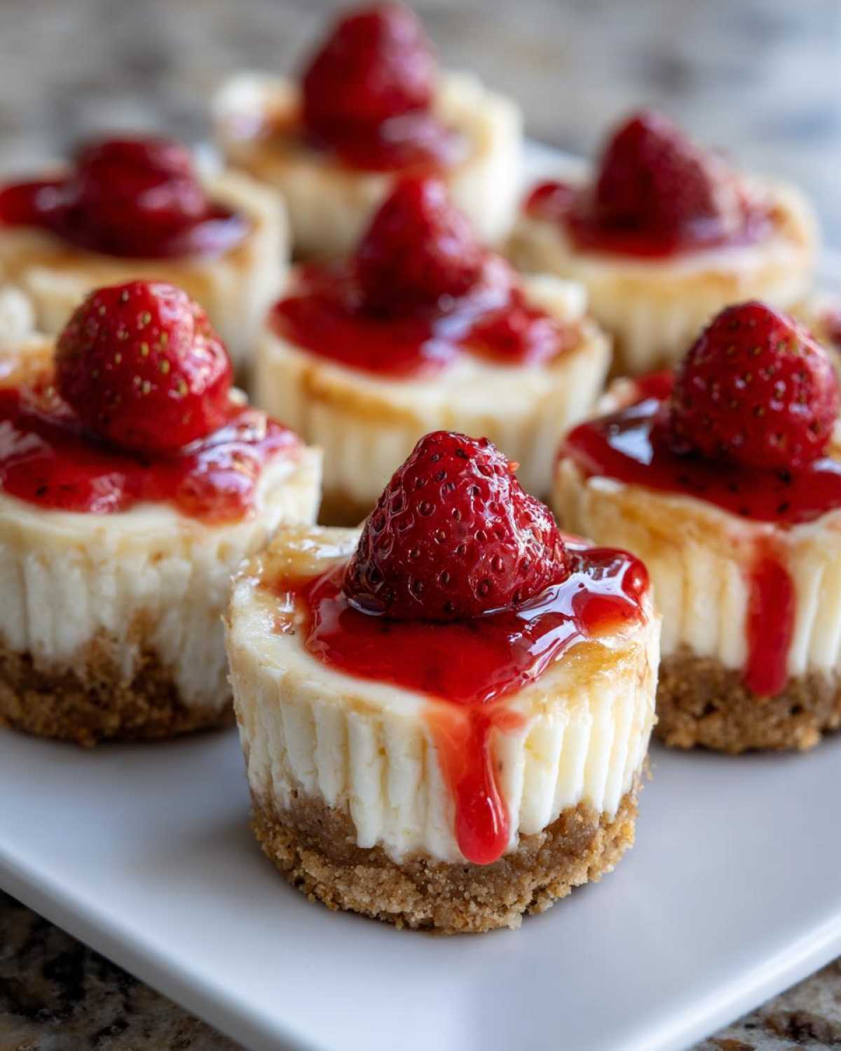 Close-up of several mini strawberry cheesecake bites topped with strawberry sauce and a fresh strawberry.