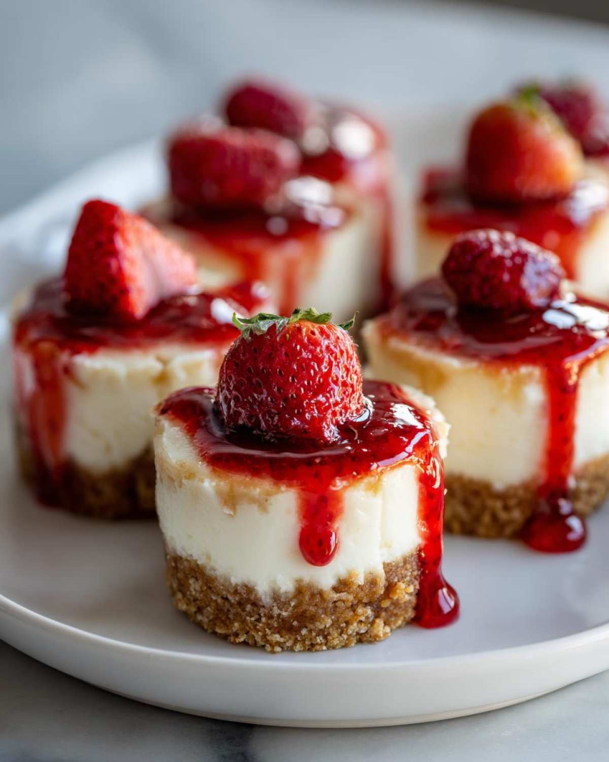 Close-up of individual strawberry cheesecake bites topped with strawberry glaze and fresh strawberries.
