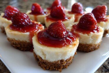 A close-up of several individual strawberry topped cheesecake bites arranged on a white serving platter.
