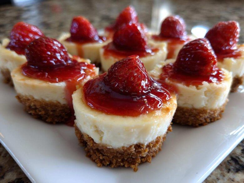A close-up of several individual strawberry topped cheesecake bites arranged on a white serving platter.