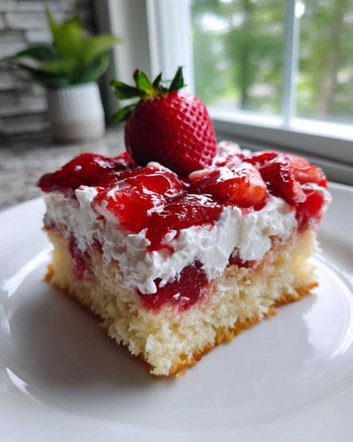 A close-up of a moist slice of jello poke cake topped with whipped cream and fresh strawberries.