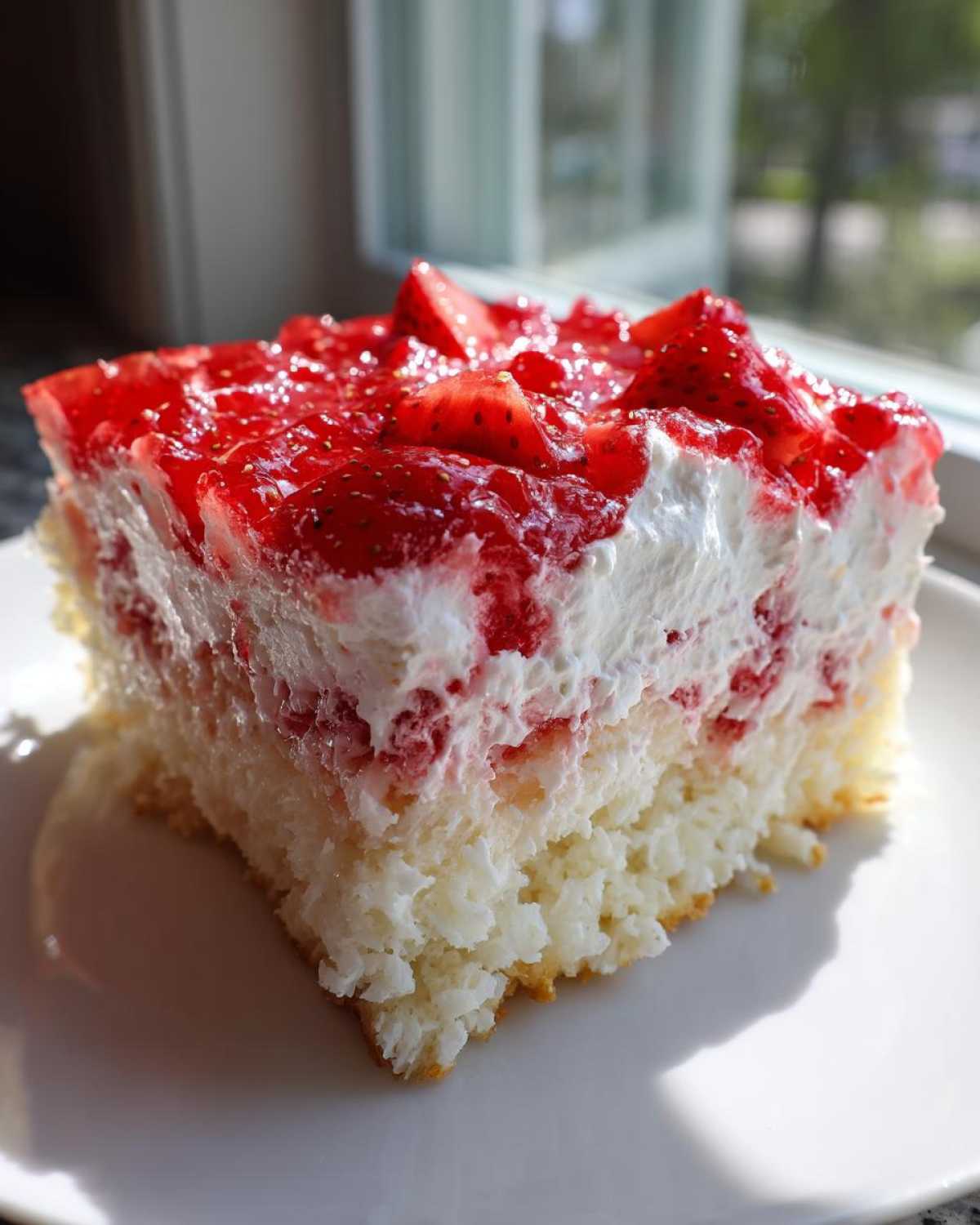 A moist slice of strawberry jello poke cake showing layers of white cake, creamy filling, and strawberry topping.