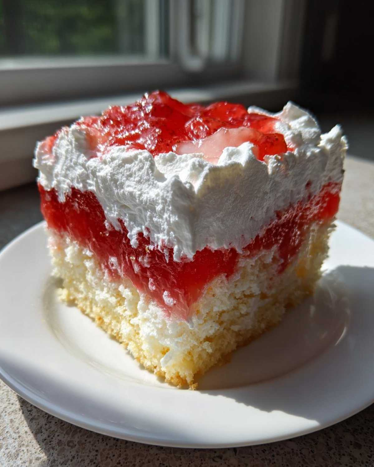 Close-up of a moist slice of strawberry jello poke cake showing layers of white cake, red jello, and whipped cream.