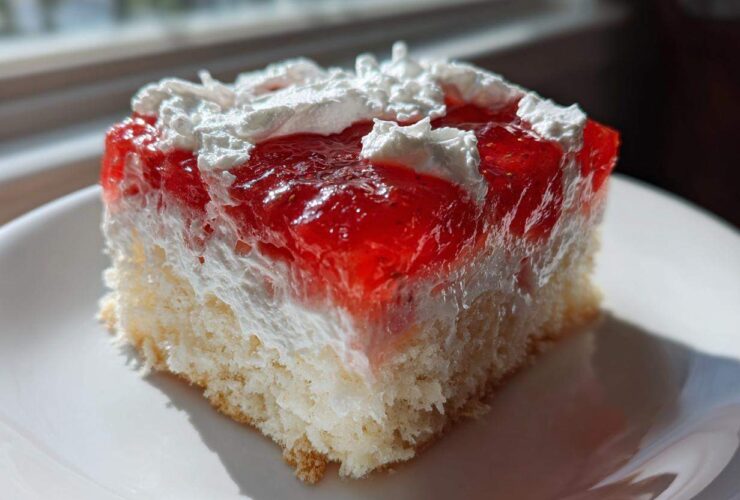 Close-up of a moist slice of strawberry jello poke cake layered with cream and topped with whipped cream.