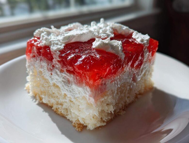 Close-up of a moist slice of strawberry jello poke cake layered with cream and topped with whipped cream.