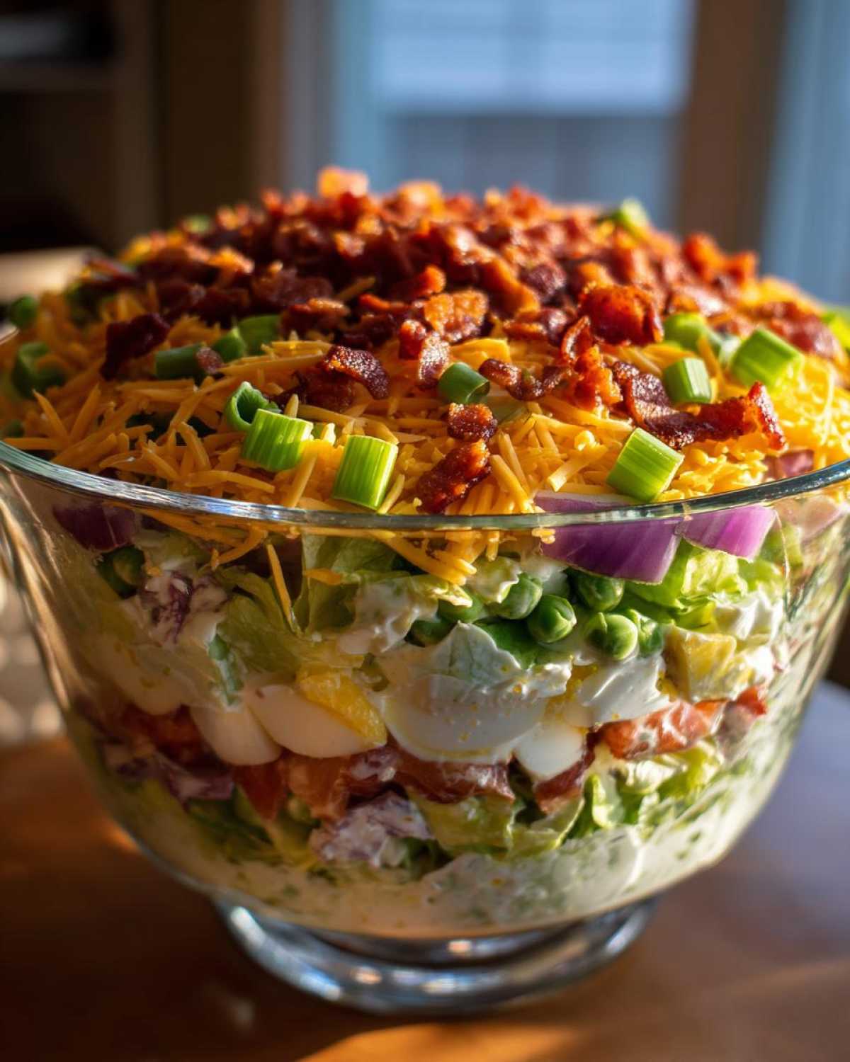 A tall, beautiful 7 layer salad layered in a clear glass bowl, topped with bacon and cheese.