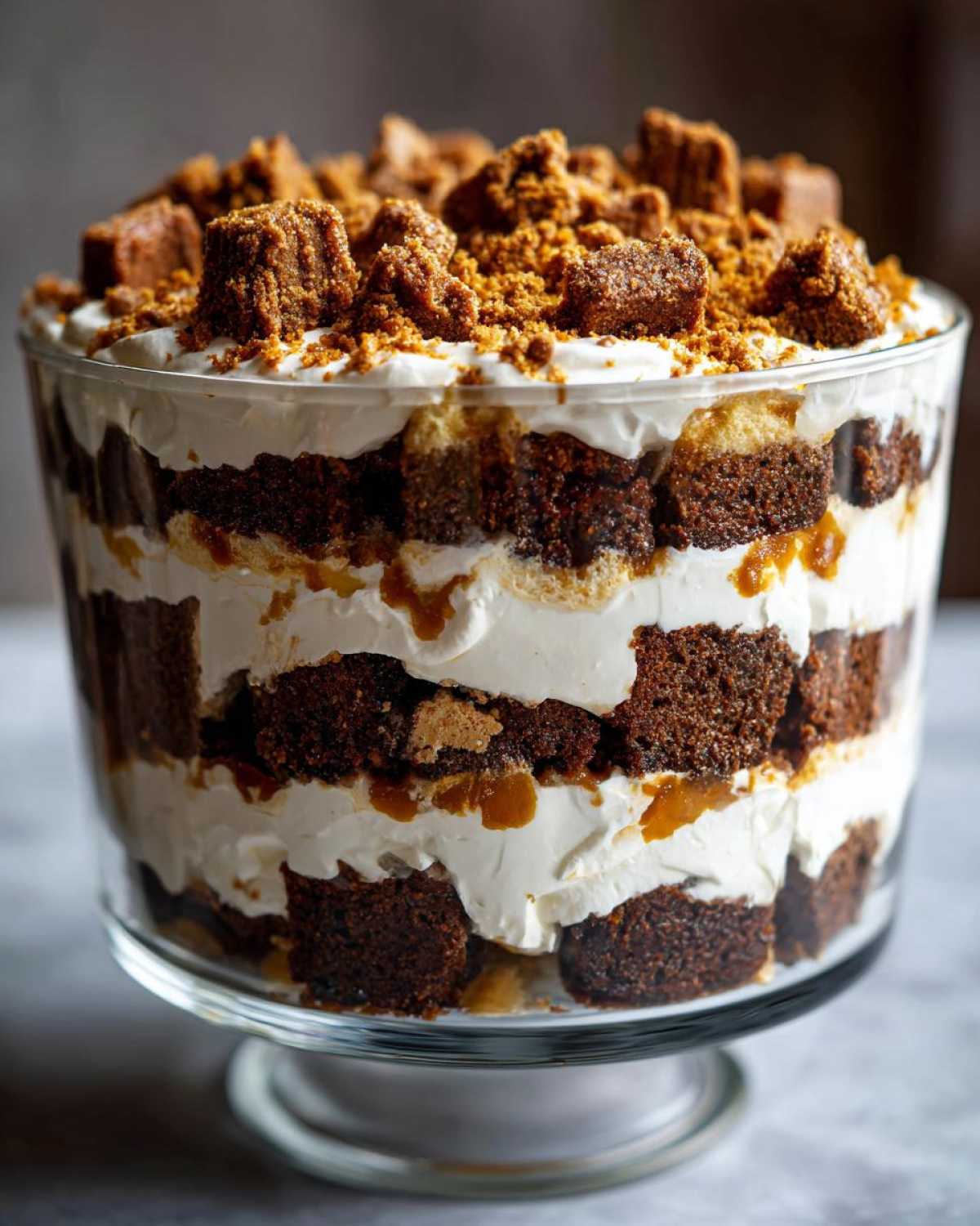 Close-up of a stunning gingerbread trifle layered with dark cake cubes, whipped cream, and caramel sauce.