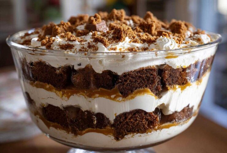 Close-up of a stunning gingerbread trifle layered with cake, cream, and caramel sauce.