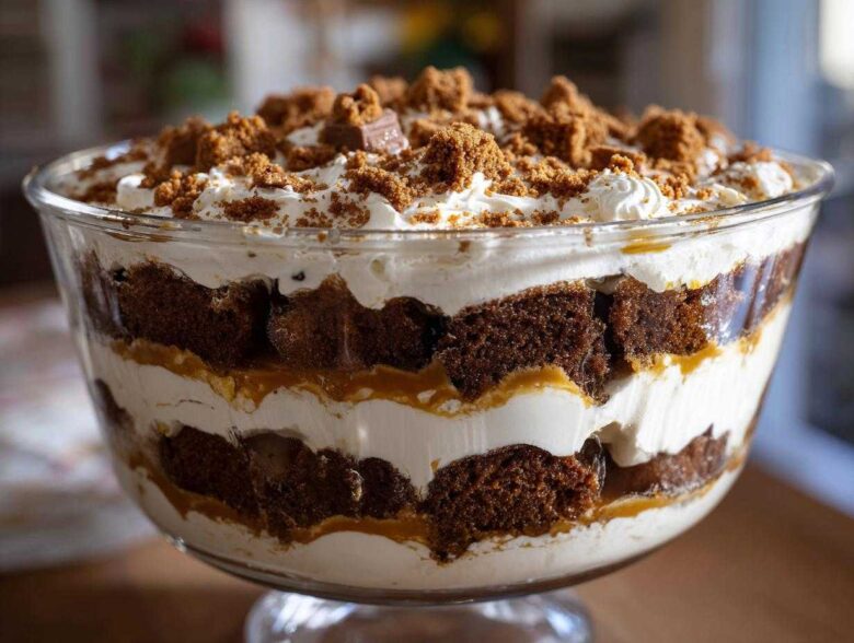 Close-up of a stunning gingerbread trifle layered with cake, cream, and caramel sauce.