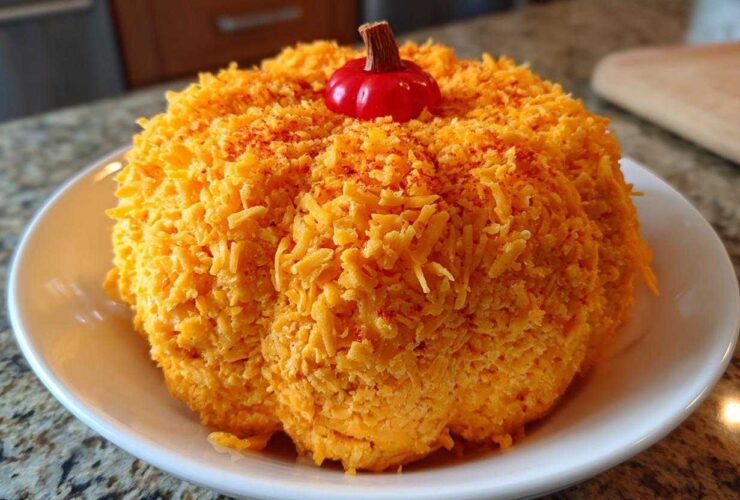 A vibrant orange pumpkin cheese ball coated entirely in shredded cheddar cheese and topped with a small decorative stem.