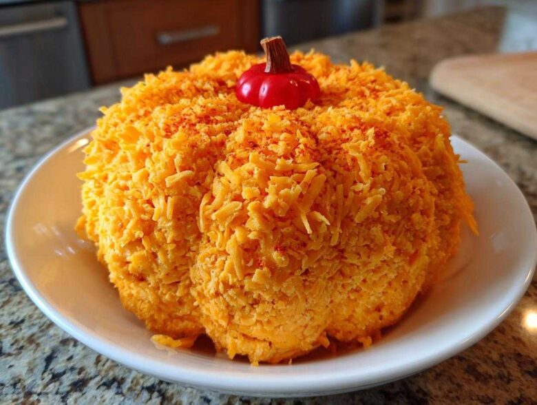A vibrant orange pumpkin cheese ball coated entirely in shredded cheddar cheese and topped with a small decorative stem.