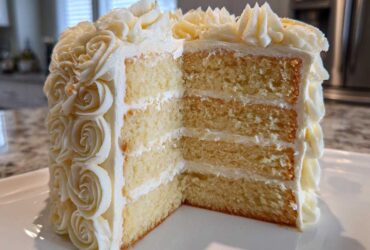 A slice cut from a stunning white rose cake reveals four layers of yellow sponge and white frosting.