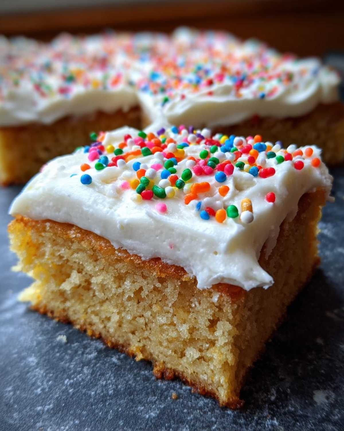 A close-up slice of thick, golden sugar cookie bars topped with white frosting and colorful rainbow sprinkles.