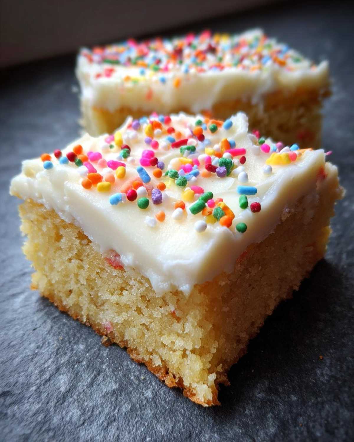 Close-up of a thick slice of sugar cookie bars topped with white frosting and colorful sprinkles.