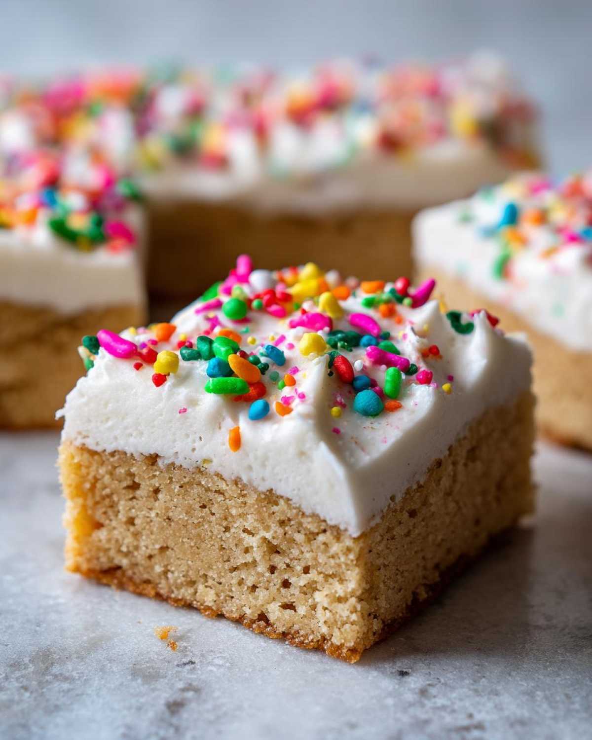 A close-up shot of one square of soft sugar cookie bars topped with thick white frosting and colorful rainbow sprinkles.
