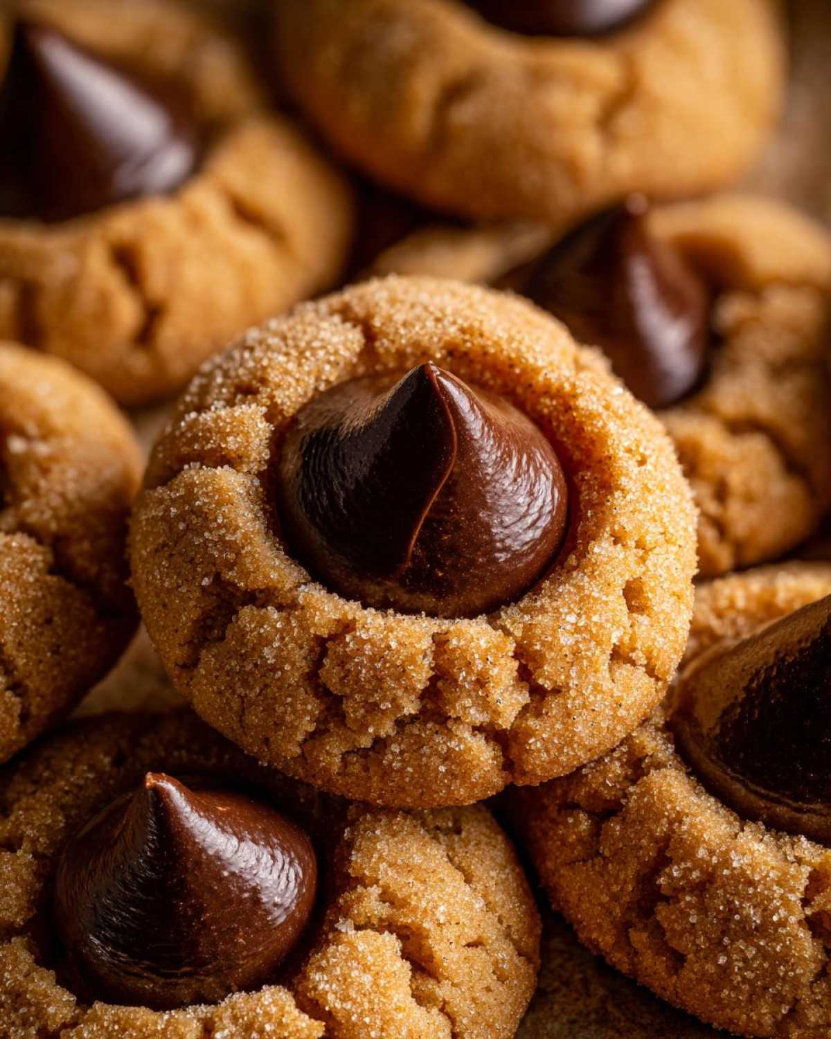 Macro shot of several golden brown peanut butter blossom cookies rolled in sugar, each topped with a chocolate kiss.