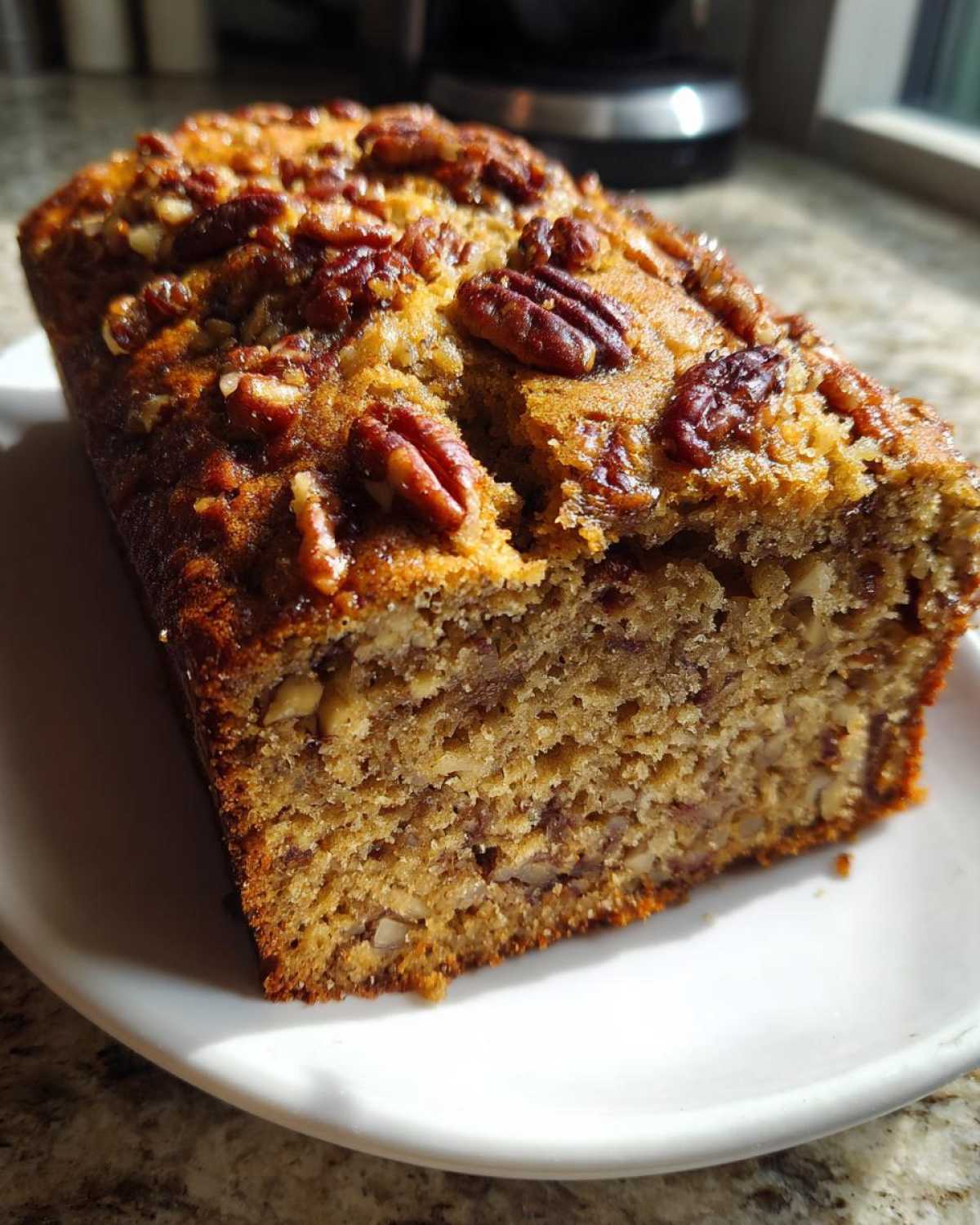 A freshly baked loaf of sweet alabama pecan bread, topped with whole pecans, sitting on a white plate.