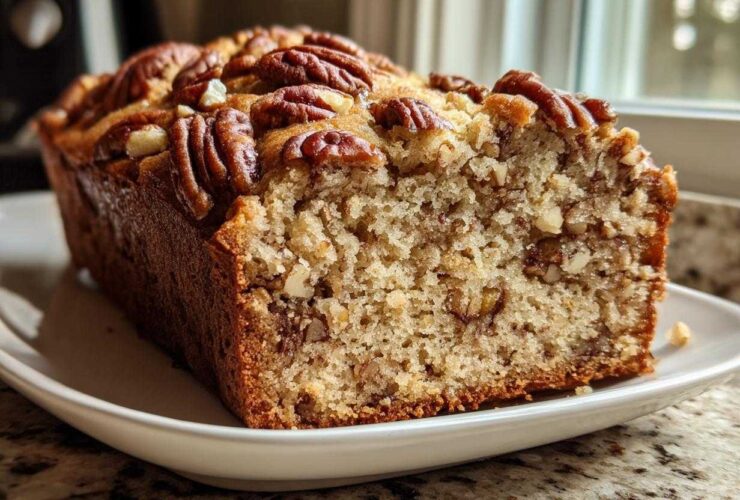 A moist slice of sweet alabama pecan bread, topped with whole pecans, resting on a white plate.