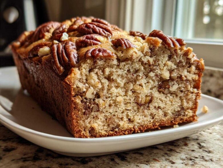 A moist slice of sweet alabama pecan bread, topped with whole pecans, resting on a white plate.