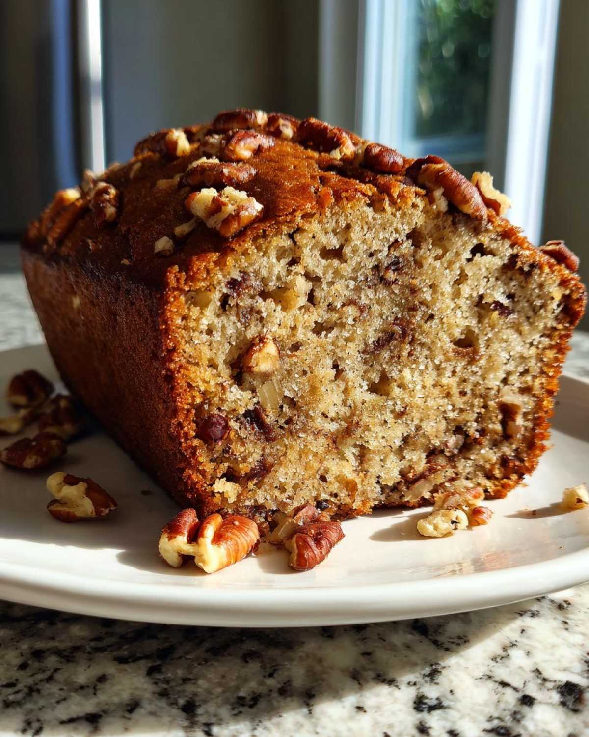 Close-up of a freshly baked loaf of Sweet Alabama Pecan Bread, topped with pecans, sitting on a white plate.