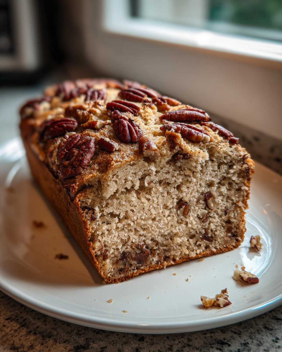 A close-up of a loaf of sweet alabama pecan bread, sliced to show the moist interior and topped with whole pecans.