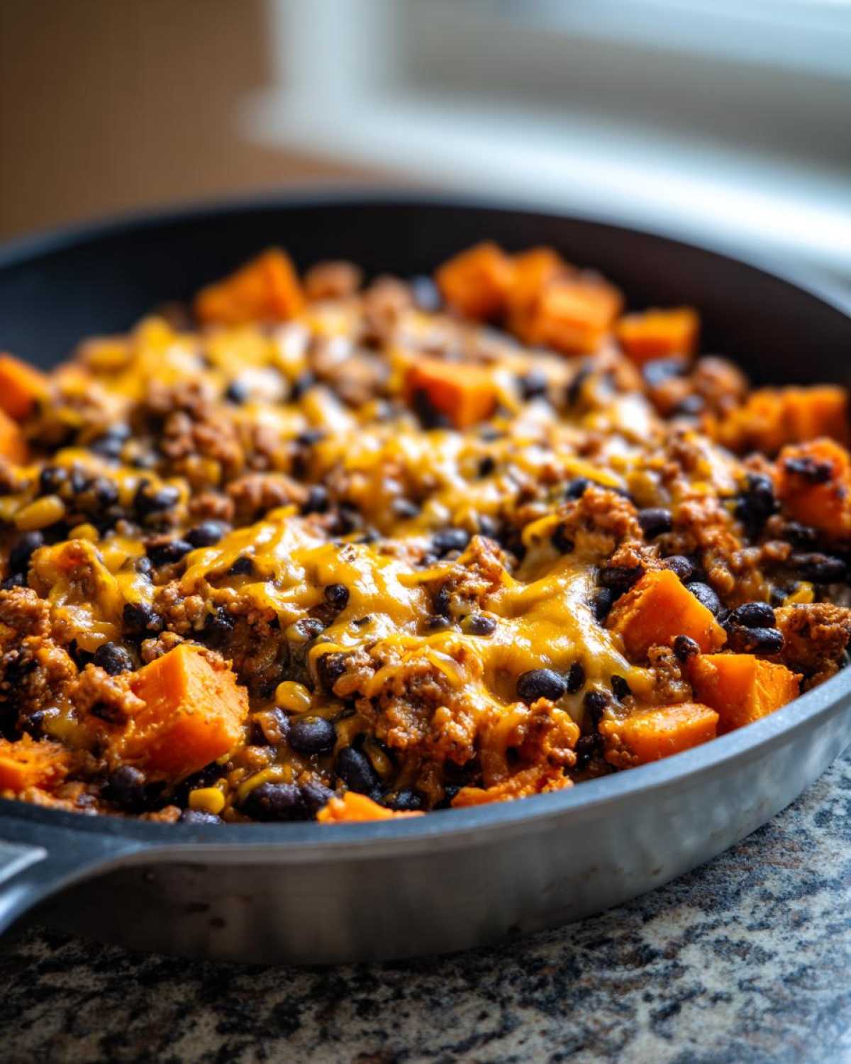 Close-up of a savory sweet potato skillet topped with melted cheddar cheese, black beans, and ground meat.