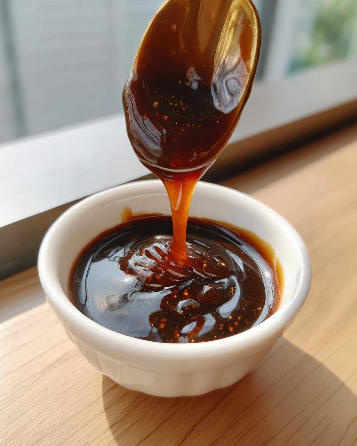 A thick, glossy stream of homemade teriyaki sauce is dripping from a golden spoon into a small white bowl.