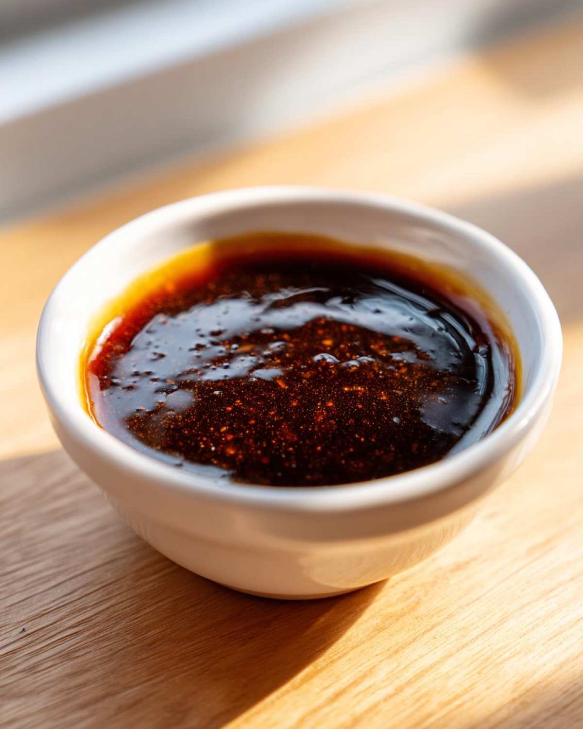 Close-up of thick, dark teriyaki sauce glistening in a small white bowl on a wooden surface.