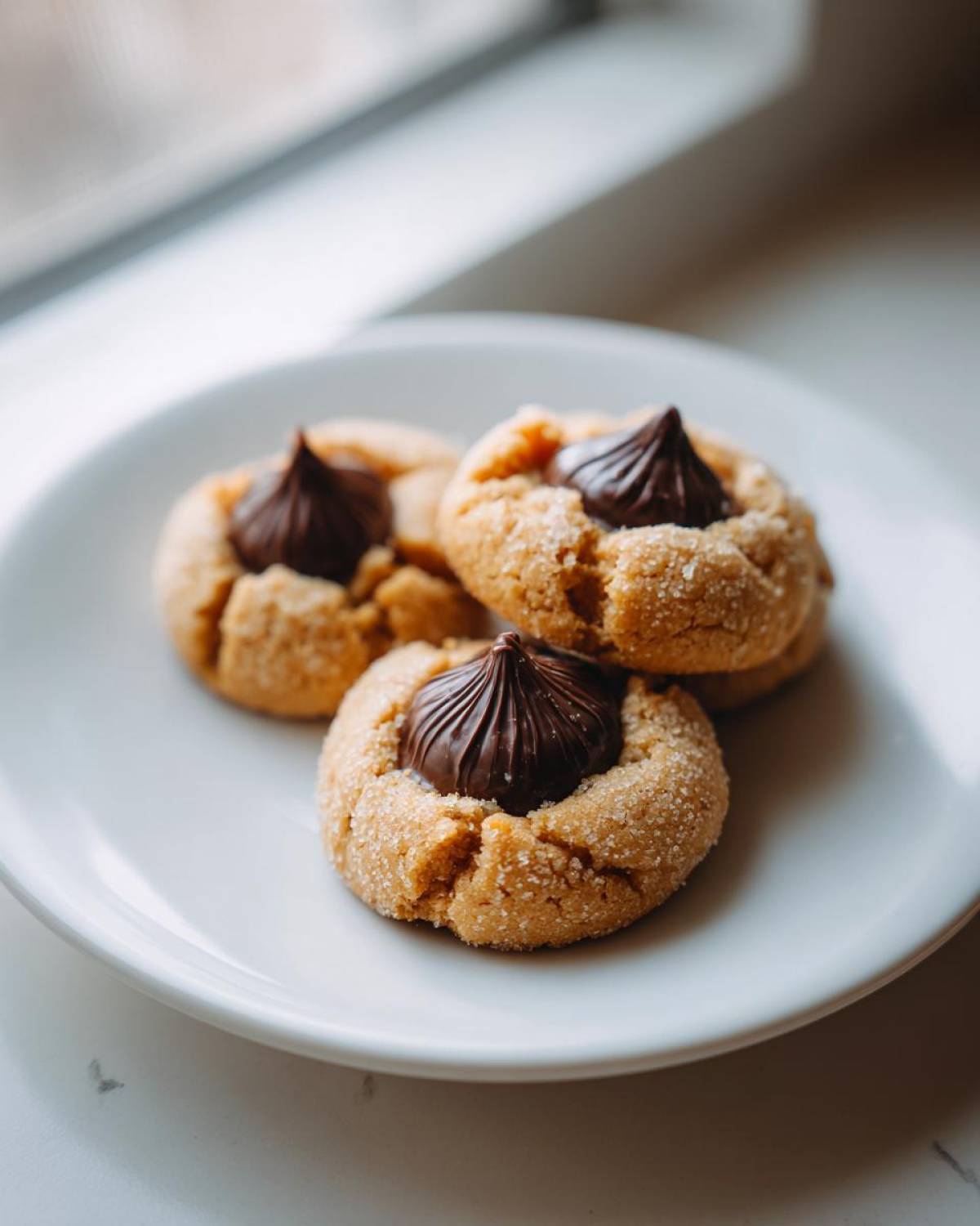Three classic peanut butter kiss cookies, rolled in sugar and topped with a chocolate candy, resting on a white plate.