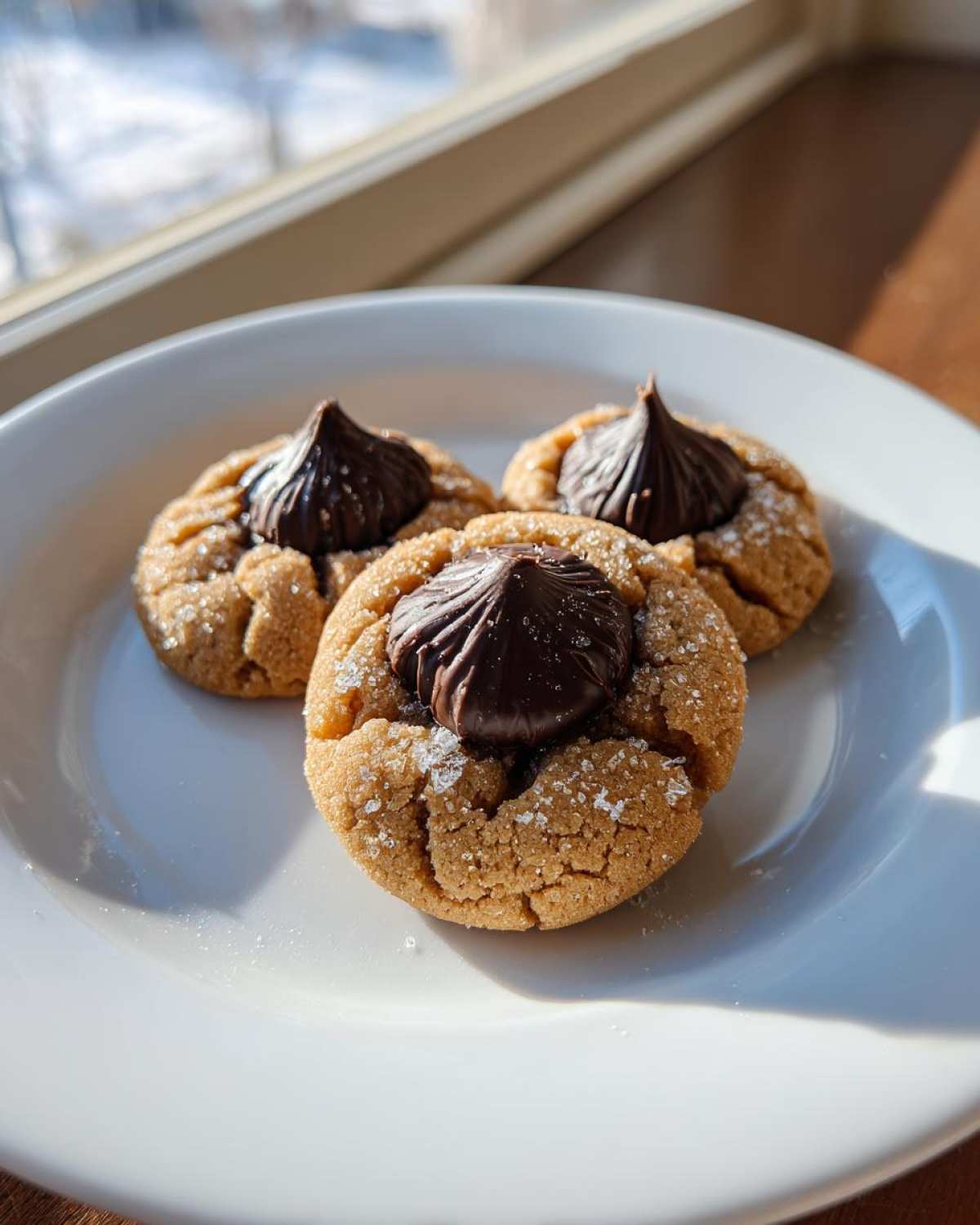 Three freshly baked peanut butter kiss cookies, dusted with sugar, topped with chocolate kisses, sitting on a white plate.