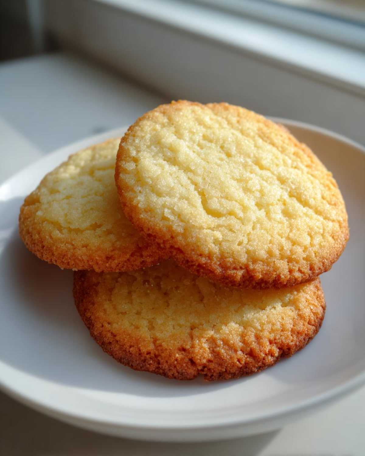 Three golden brown, slightly textured sugar cookie rounds stacked on a white plate near a window.