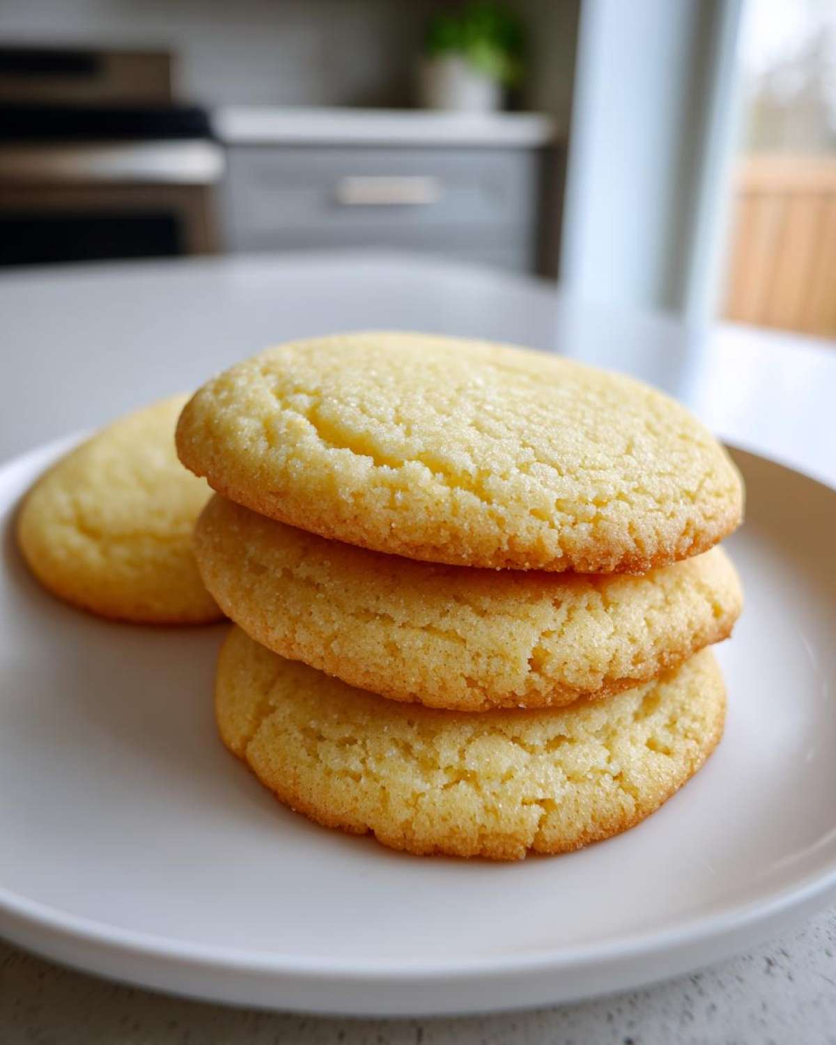 A stack of three golden brown, soft sugar cookie rounds resting on a white plate.