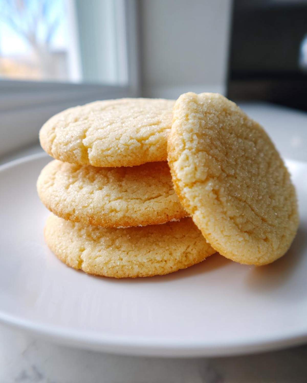 A close-up stack of three perfectly baked, soft sugar cookie rounds dusted with granulated sugar.