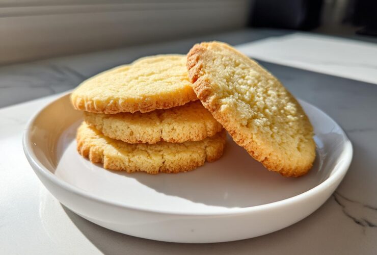 A stack of three golden brown ultimate sugar cookie rounds served on a white plate, with one leaning against the stack.