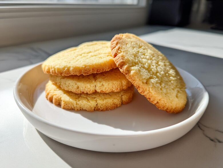 A stack of three golden brown ultimate sugar cookie rounds served on a white plate, with one leaning against the stack.